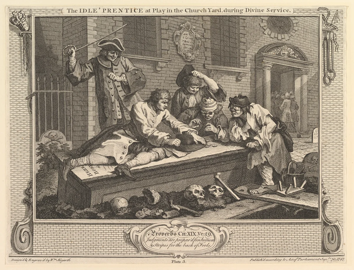 The Idle 'Prentice at Play in the Churchyard: Industry and Idleness, plate 3 by William Hogarth, print, 1747