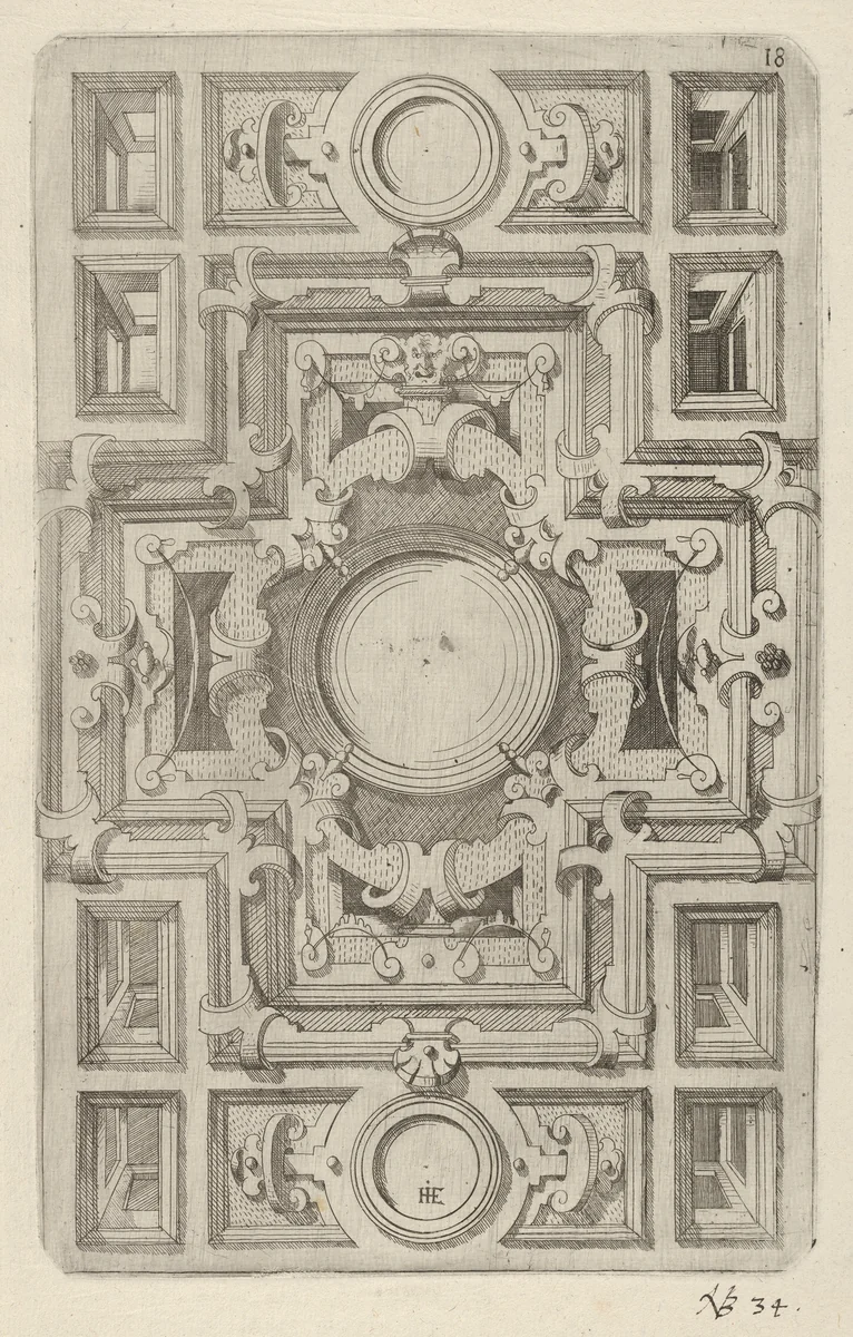 Design for a Ceiling with Strapwork and a Cross-shaped Center by Hans Jakob Ebelmann, print, 1609