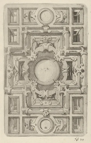 Design for a Ceiling with Strapwork and a Cross-shaped Center by Hans Jakob Ebelmann, print, 1609
