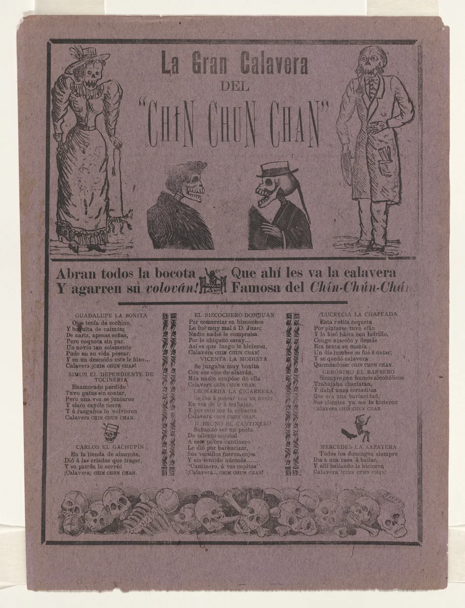 Broadsheet relating to the great skeleton of the Chin-Chun-Chan by José Guadalupe Posada, print, 1904