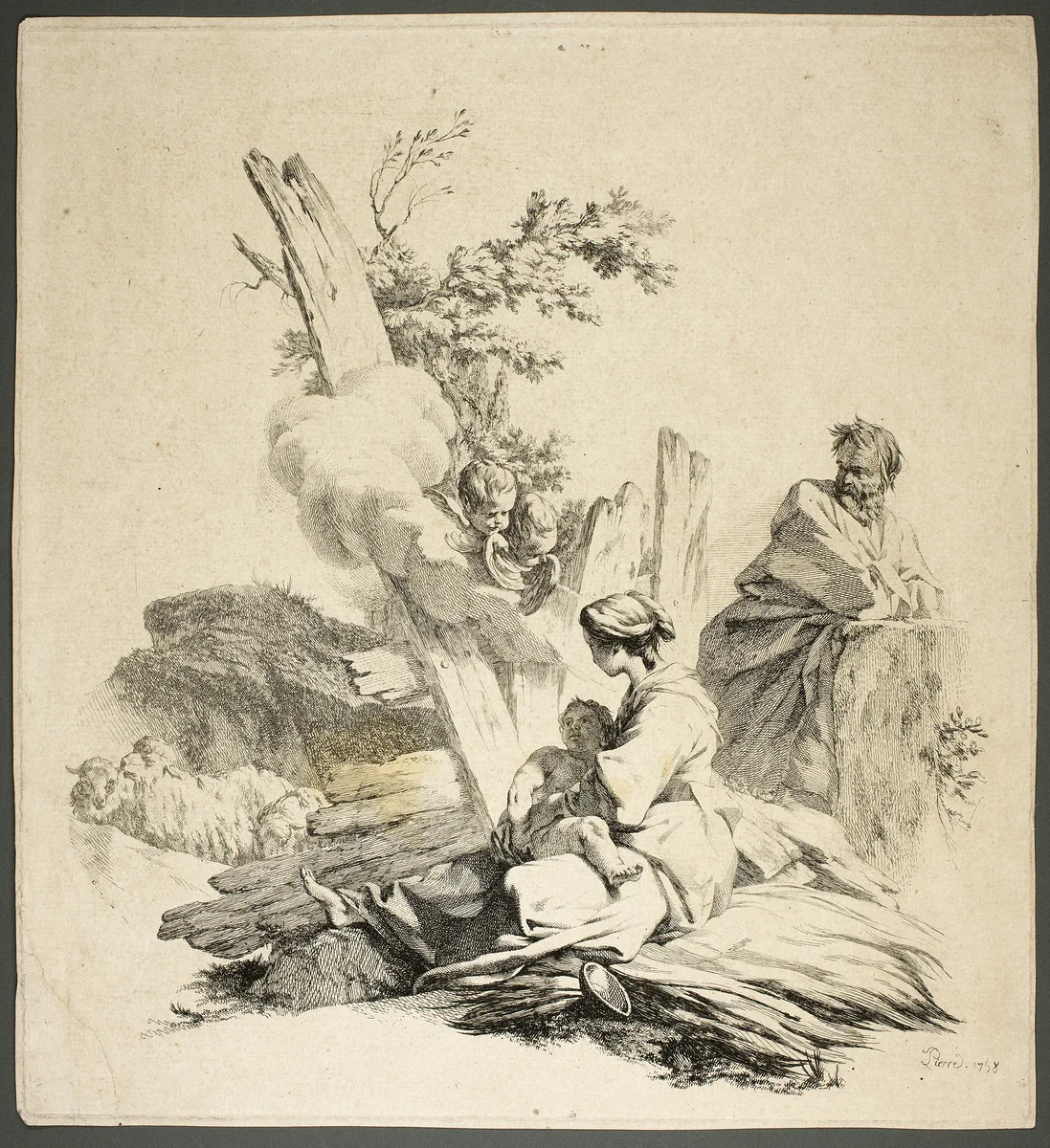 Holy Family with Angels by Jean-Baptiste-Marie Pierre, print, 1733-1789