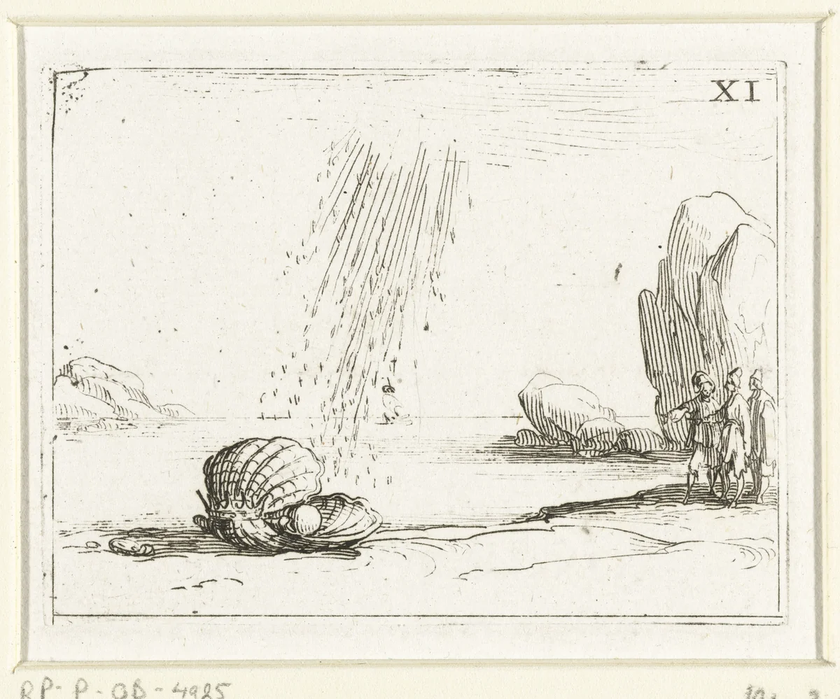 Oester op een strand by Jacques Callot, print, 1625-1629