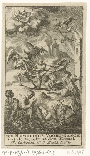 Uitverkoren figuur wordt bij de hemelpoort tegengehouden door het Vlees en de Zonde by Jan Luyken, print, 1687