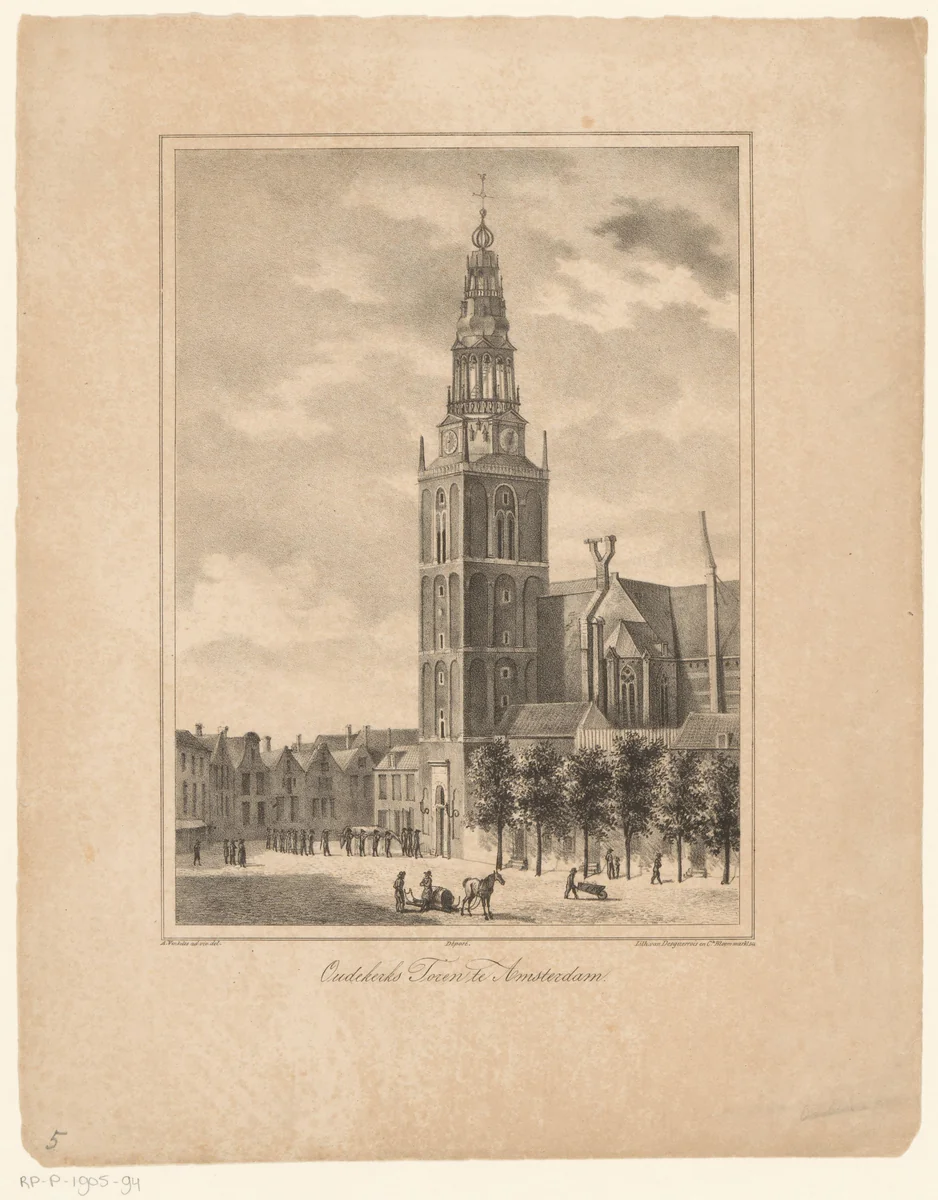 Gezicht op de toren van de Oude Kerk te Amsterdam by anonymous, print, 1828