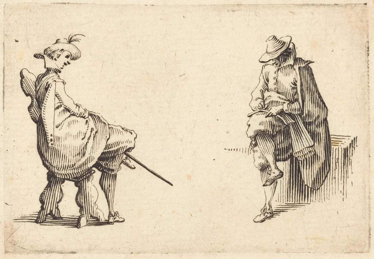 Two Seated Figures by Jacques Callot, print, 1617