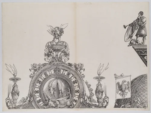 The Pinnacle of the Left Portal; and a Trumpeter and Standard from the Cupola of the Central Portal, from the Arch of Honor, proof, dated 1515, printed 1517-18 by Hans Springinklee, print, 1515