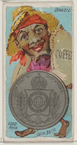 Caricatured Brazilian, 1000 Reis, from the series Coins of All Nations (N72, variation 2) for Duke brand cigarettes by W. Duke, Sons & Co., print, 1889
