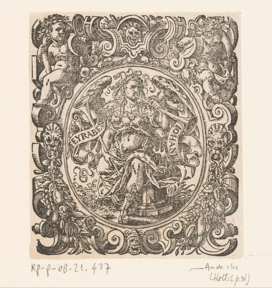 Drukkersmerk van Johann Feyerabend met een trompetterende Fama by Jost Amman, print, 1579