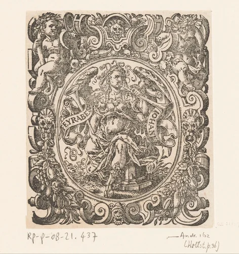 Drukkersmerk van Johann Feyerabend met een trompetterende Fama by Jost Amman, print, 1579