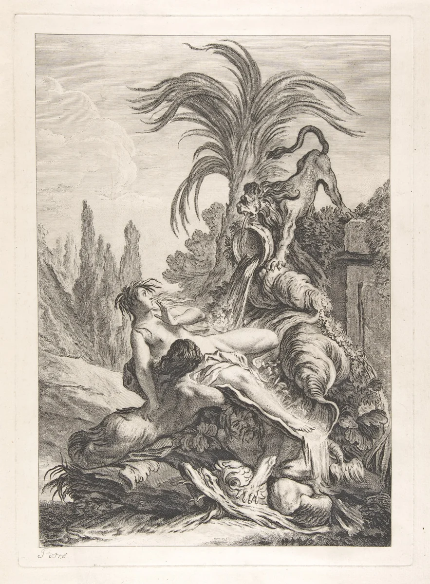 The Frightened Naïad (Une naïade échevelée recule d'efroi à la vue d'un lion) by Jean-Baptiste-Marie Pierre, print, 1735-1745