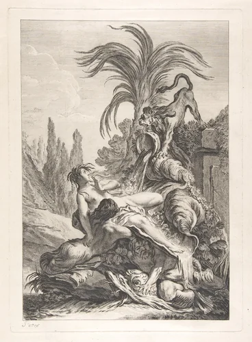 The Frightened Naïad (Une naïade échevelée recule d'efroi à la vue d'un lion) by Jean-Baptiste-Marie Pierre, print, 1735-1745