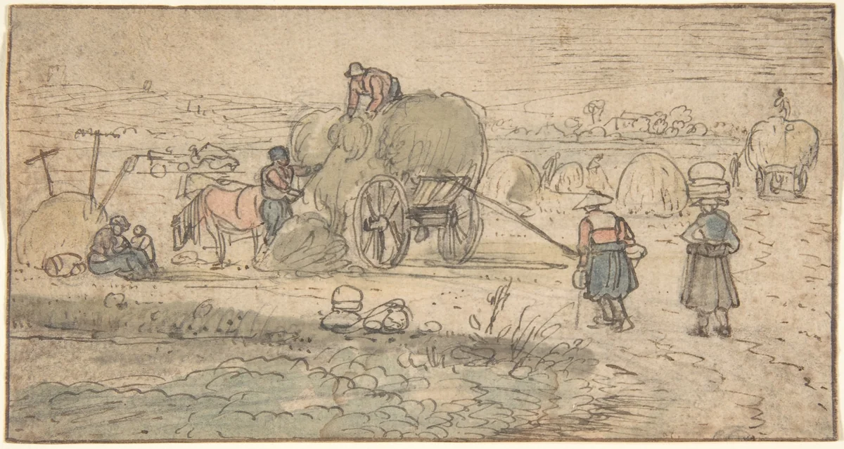 Peasants Loading Hay by Hendrick Avercamp, drawing, 1600-1699