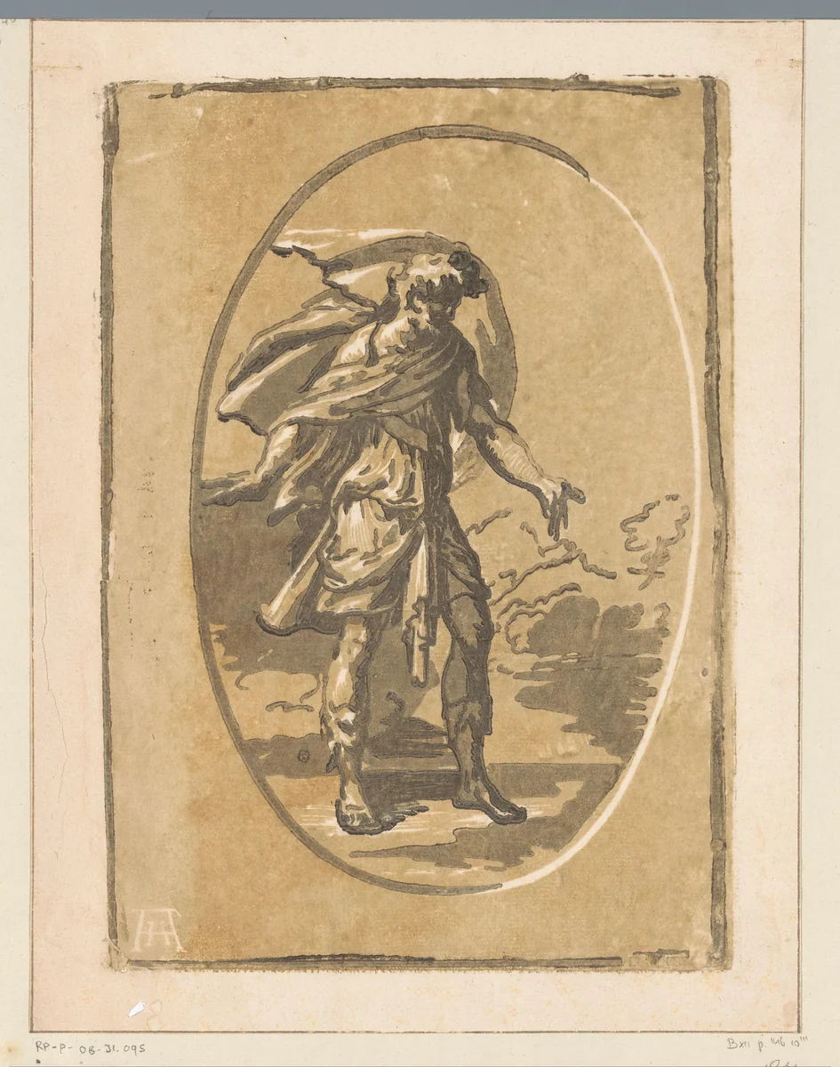 Man met gespreide armen in een landschap by Unknown, print, 1502-1532