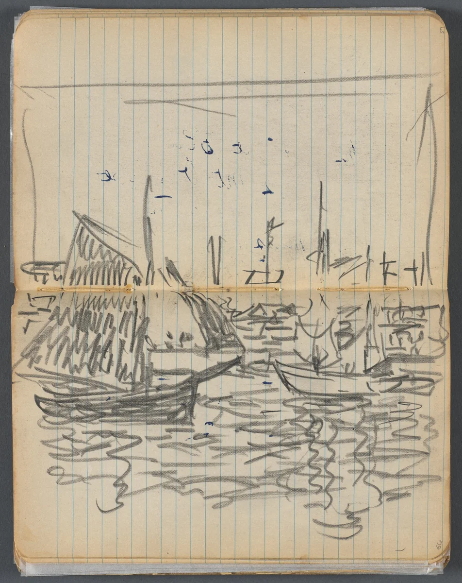 Sketchbook, page 056 &57: View of Sailboats by Maurice Prendergast, book, 1905-1910