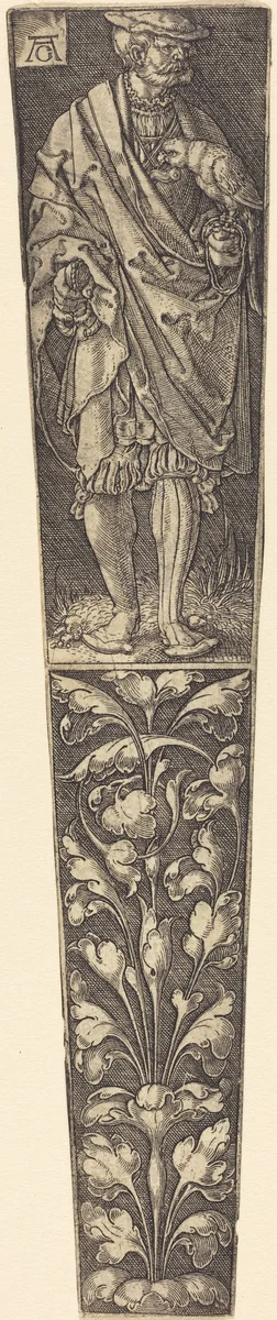 Dagger Sheath with Gentleman Holding a Parrot by Heinrich Aldegrever, print, 1502-1561
