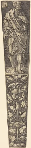 Dagger Sheath with Gentleman Holding a Parrot by Heinrich Aldegrever, print, 1502-1561