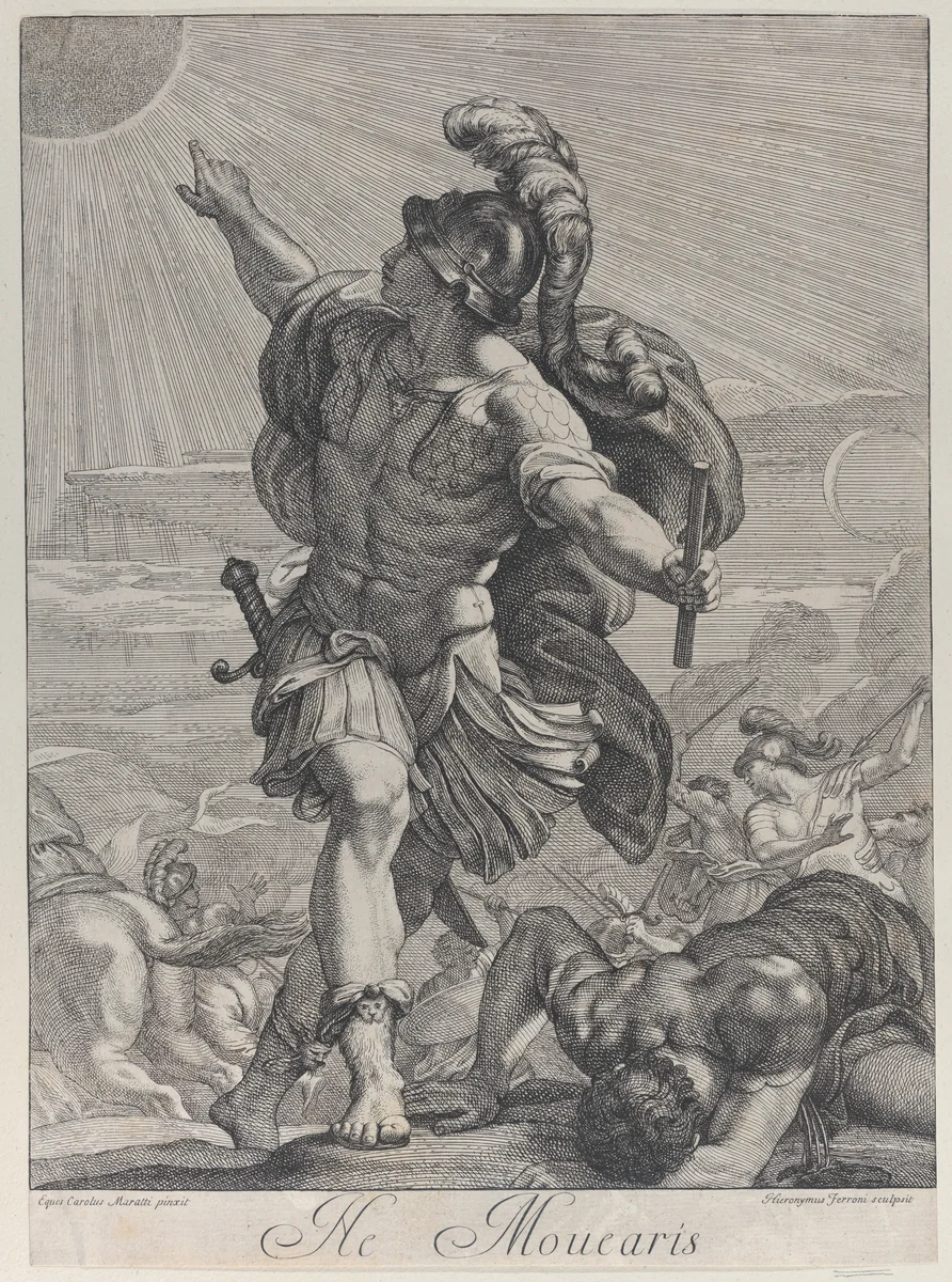 Joshua bidding the sun to stand still by Hieronymus Ferroni, print, 1705-1730