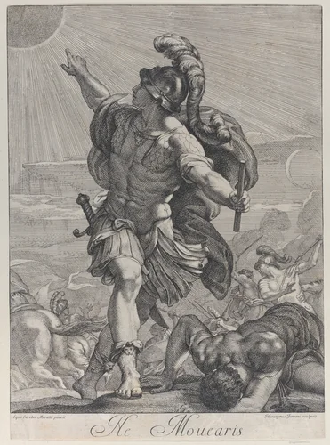 Joshua bidding the sun to stand still by Hieronymus Ferroni, print, 1705-1730