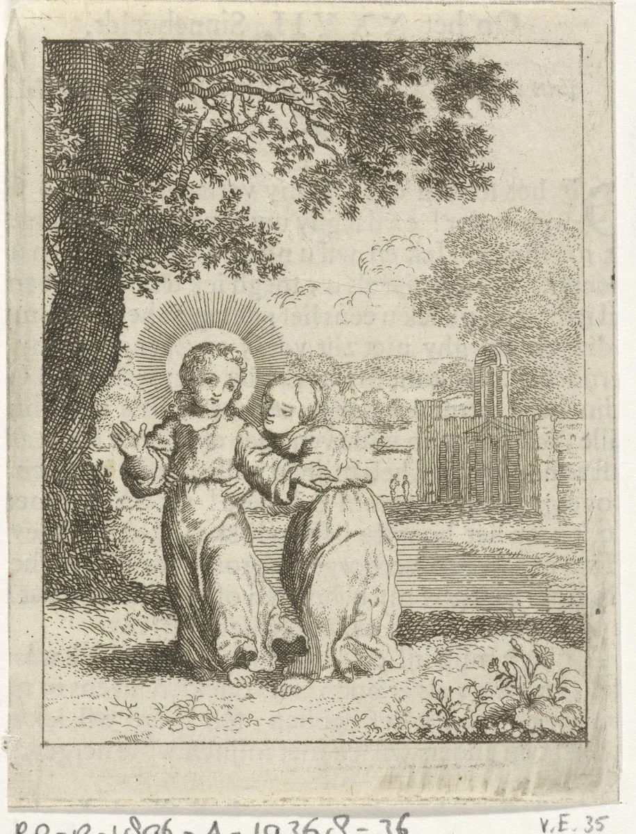 Christus leidt de gepersonifieerde ziel door een landschap by Jan Luyken, print, 1678-1687