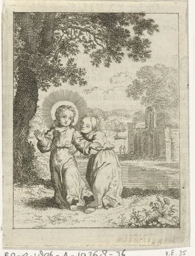 Christus leidt de gepersonifieerde ziel door een landschap by Jan Luyken, print, 1678-1687
