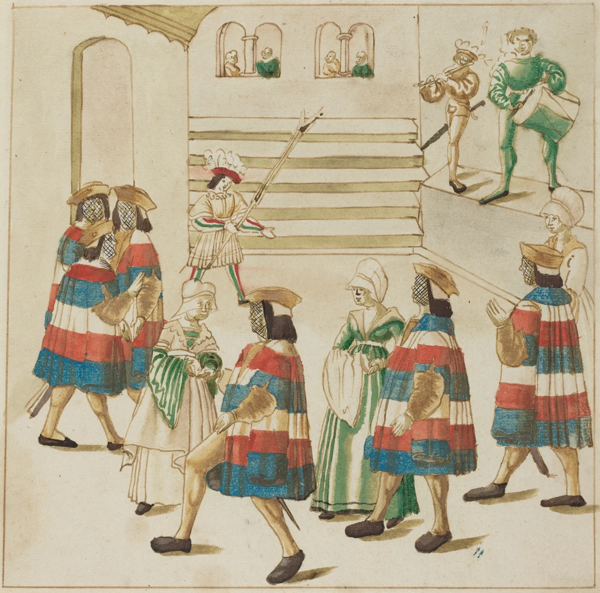Men in Red, White and Blue Dancing with Their Partners by German 16th Century, drawing, 1515