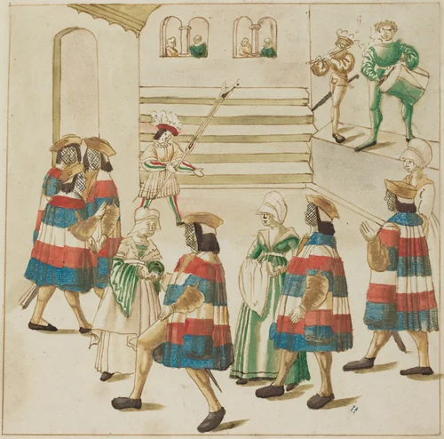 Men in Red, White and Blue Dancing with Their Partners by German 16th Century, drawing, 1515