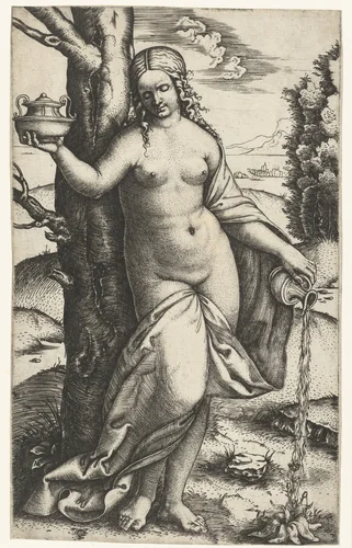 Halfnaakte vrouw geeft een plant water by Marcantonio Raimondi, print, 1510-1527