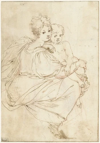 Zittende jonge vrouw met een naakt kind op schoot by Cristofano Gherardi, drawing, 1518-1556