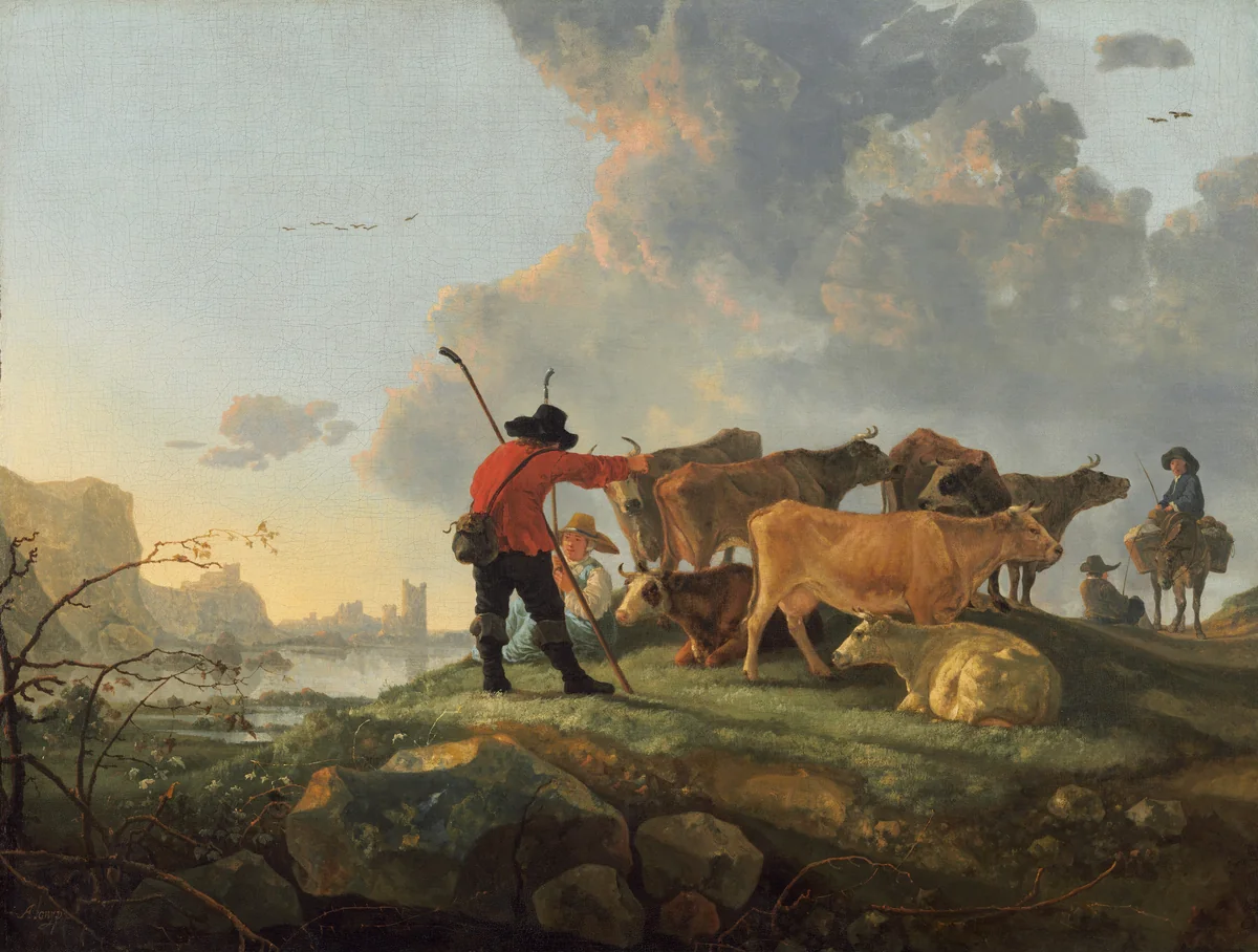 Herdsmen Tending Cattle by Aelbert Cuyp, painting, 1655-1660