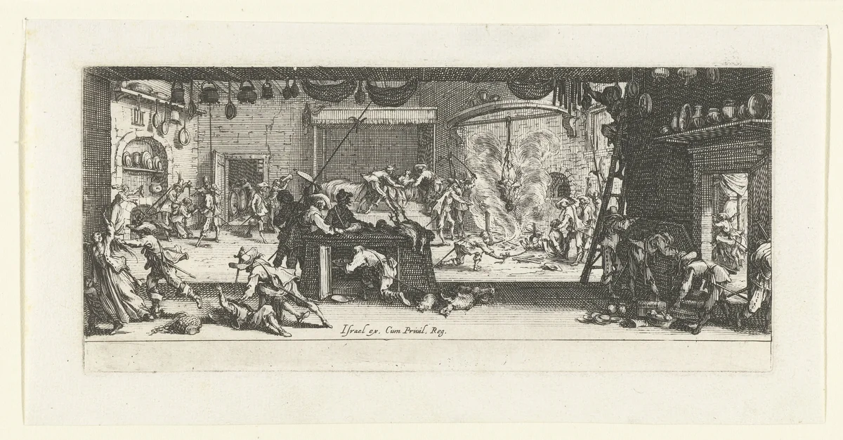Soldaten plunderen een boerderij by Jacques Callot, print, 1633