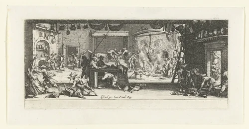 Soldaten plunderen een boerderij by Jacques Callot, print, 1633