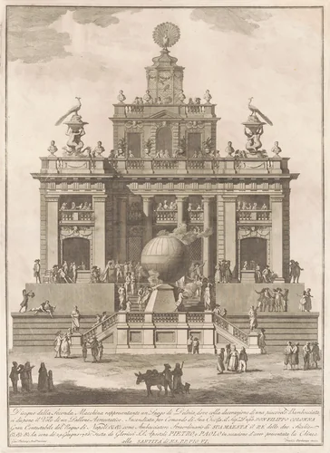 The Seconda Macchina for the Chinea of 1785: A Pleasure Palace with an Air Balloon by Francesco Barbazza; Giuseppe Palazzi, print, 1785