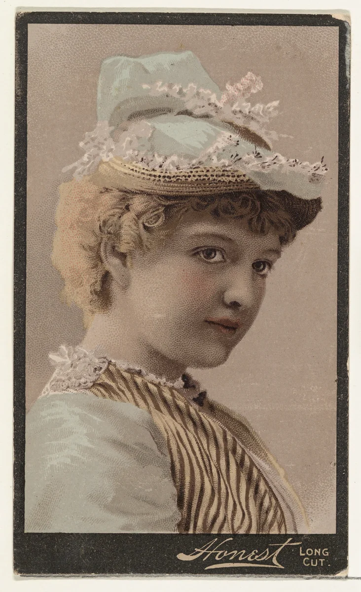 Blonde actress wearing petite straw-brimmed cap decorated with white flowers, from Stars of the Stage, Third Series (N131) issued by Duke Sons & Co. to promote Honest Long Cut Tobacco by W. Duke, Sons & Co., print, 1891-1892