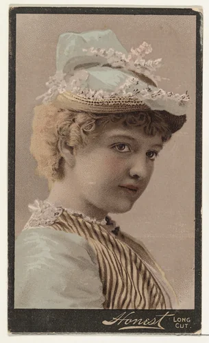 Blonde actress wearing petite straw-brimmed cap decorated with white flowers, from Stars of the Stage, Third Series (N131) issued by Duke Sons & Co. to promote Honest Long Cut Tobacco by W. Duke, Sons & Co., print, 1891-1892