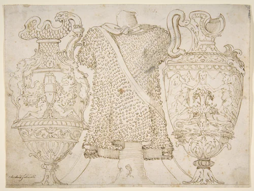 Ornamental Design with Amphore and Antique Style Armor by Polidoro da Caravaggio, drawing, 1500-1548