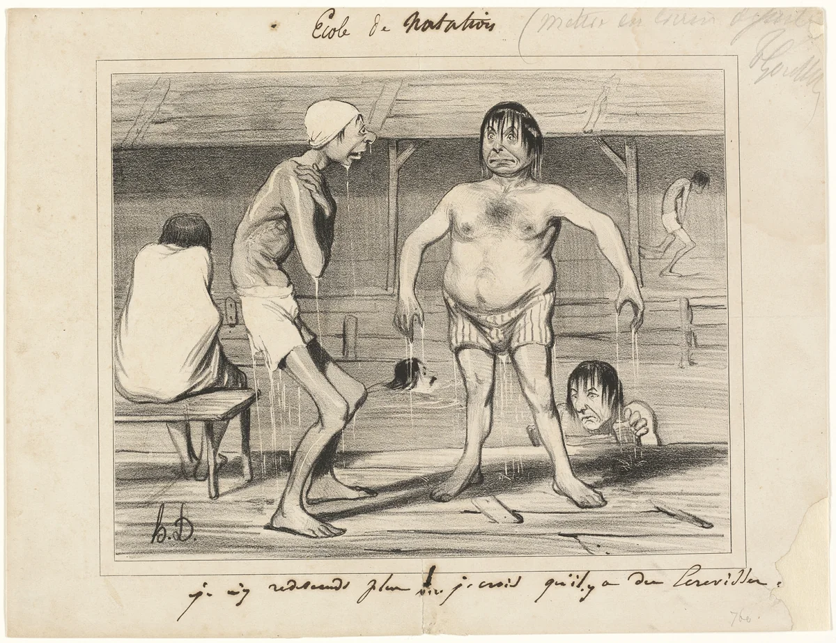 I'm Not Going in There Anymore! - I Think There are Crayfish Down There..., plate one from Les Baigneurs by Honoré-Victorin Daumier, print, 1839-1842