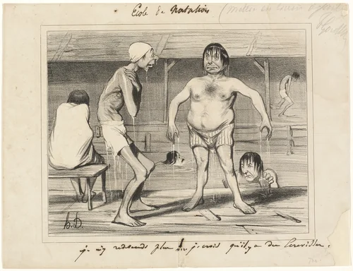 I'm Not Going in There Anymore! - I Think There are Crayfish Down There..., plate one from Les Baigneurs by Honoré-Victorin Daumier, print, 1839-1842