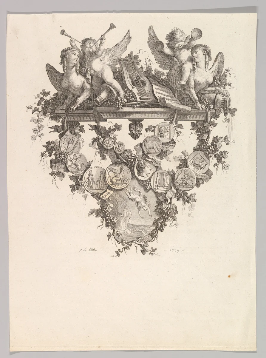 Vignette with Sphinxes and Putti by Jean Baptiste Huet, print, 1779
