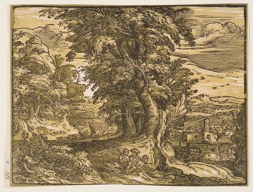 Landscape with a Shepherd Couple by Hendrick Goltzius, print, 1600