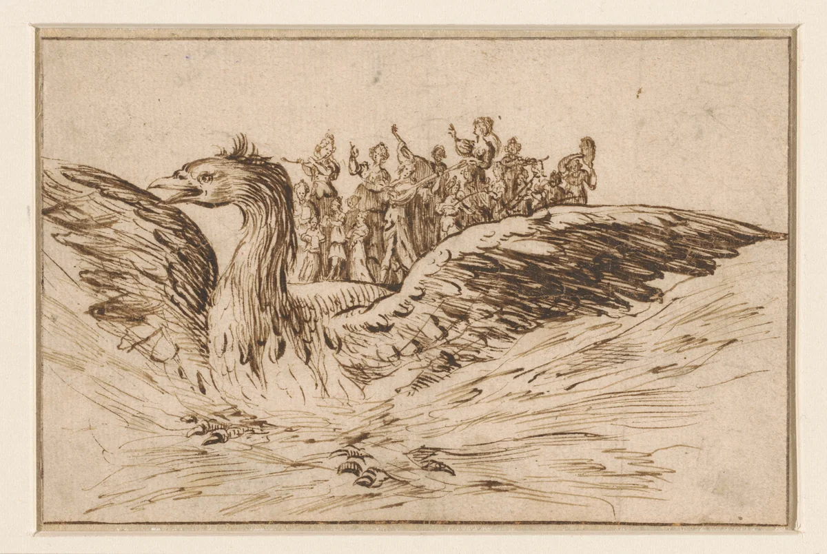 Muzikanten op de rug van een grote vogel by anonymous, drawing, 1620-1700
