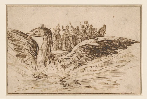 Muzikanten op de rug van een grote vogel by anonymous, drawing, 1620-1700