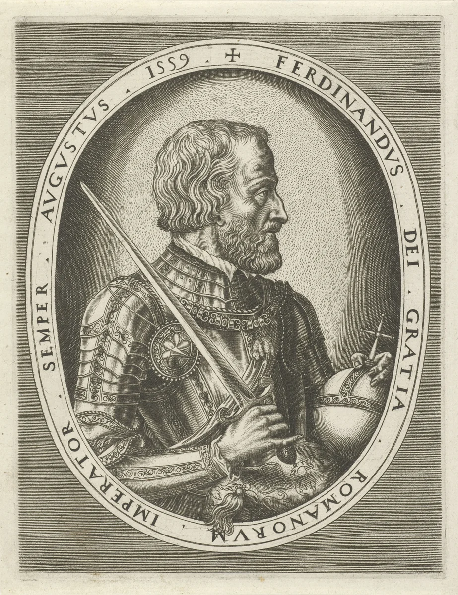 Portret van Ferdinand I van Habsburg, Duits keizer by Frans Huys, print, 1559
