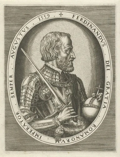 Portret van Ferdinand I van Habsburg, Duits keizer by Frans Huys, print, 1559