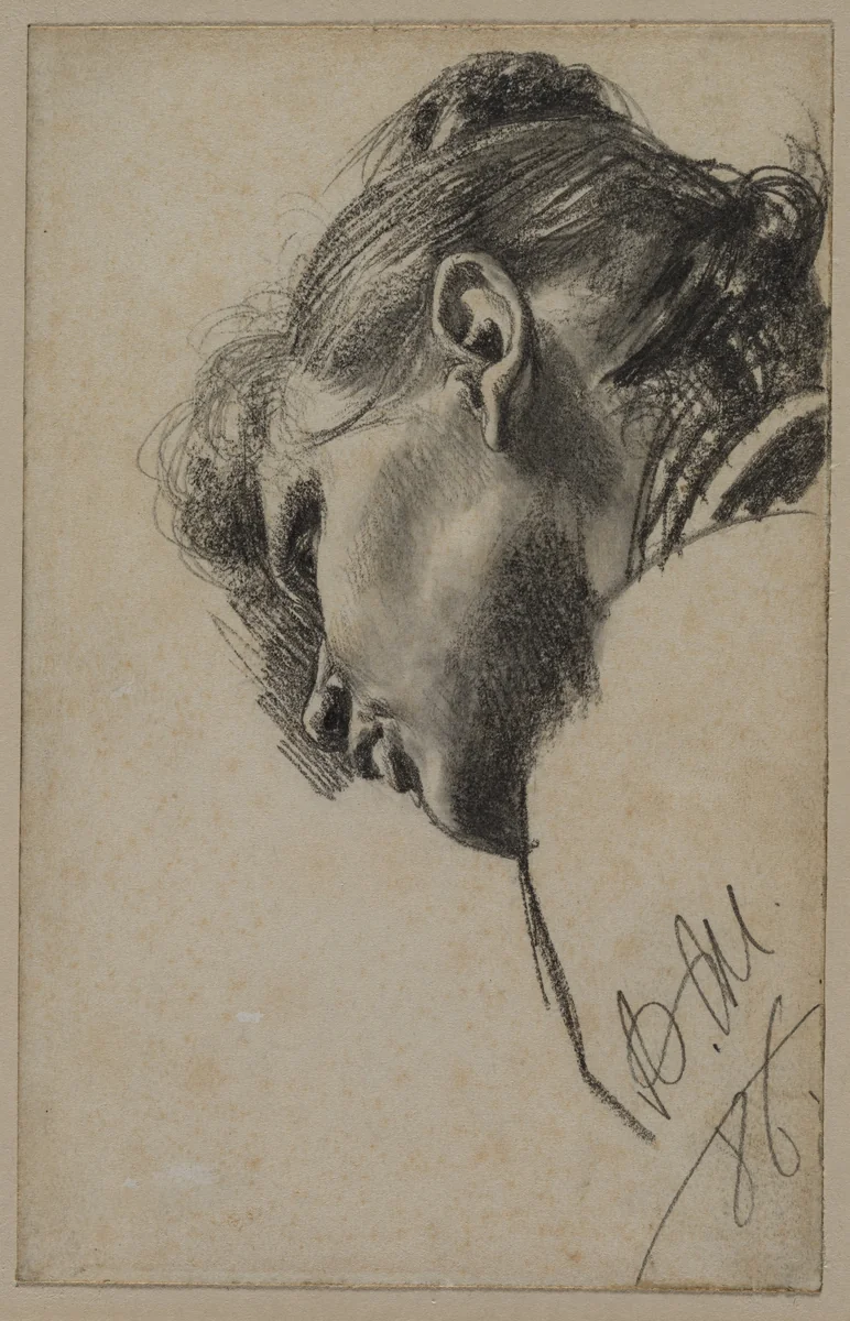 Head of a Young Woman Seen from Below by Adolph von Menzel, drawing, 1886