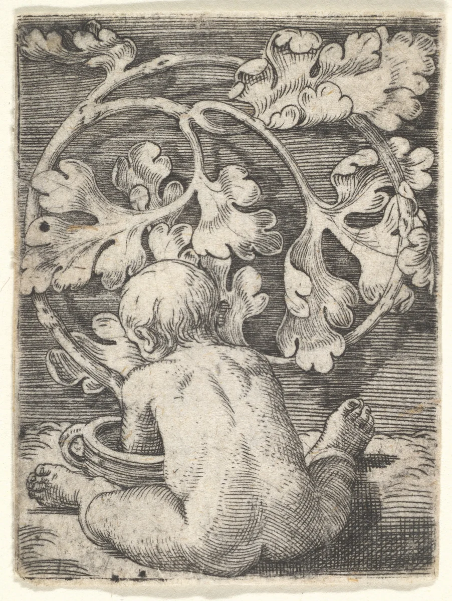 Naked Child Seen from Back Seated in Front of a Vessel by Barthel Beham, print, 1515-1540