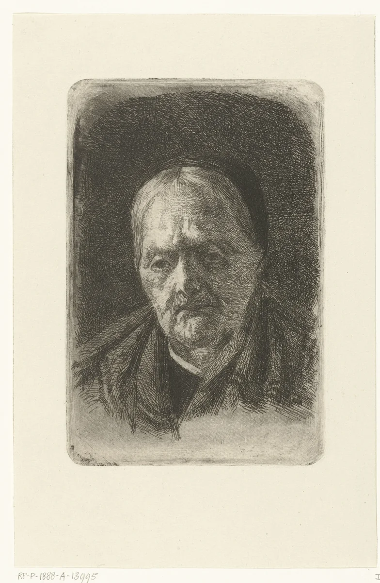 Hoofd van oude vrouw met zwart kapje en doek over haar schouders by Johanna Henriëtte Besier, print, 1875-1888