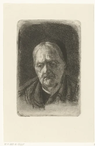 Hoofd van oude vrouw met zwart kapje en doek over haar schouders by Johanna Henriëtte Besier, print, 1875-1888