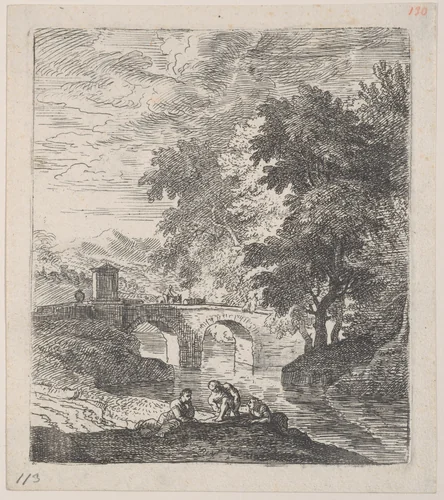 Plate 6: the stone bridge: a shepherd with two cows crossing the bridge, three male figures resting on the riverbank in the foreground, from 'Landscapes in the manner of Gaspar Dughet' by Franz Joachim Beich, print, 1695-1730