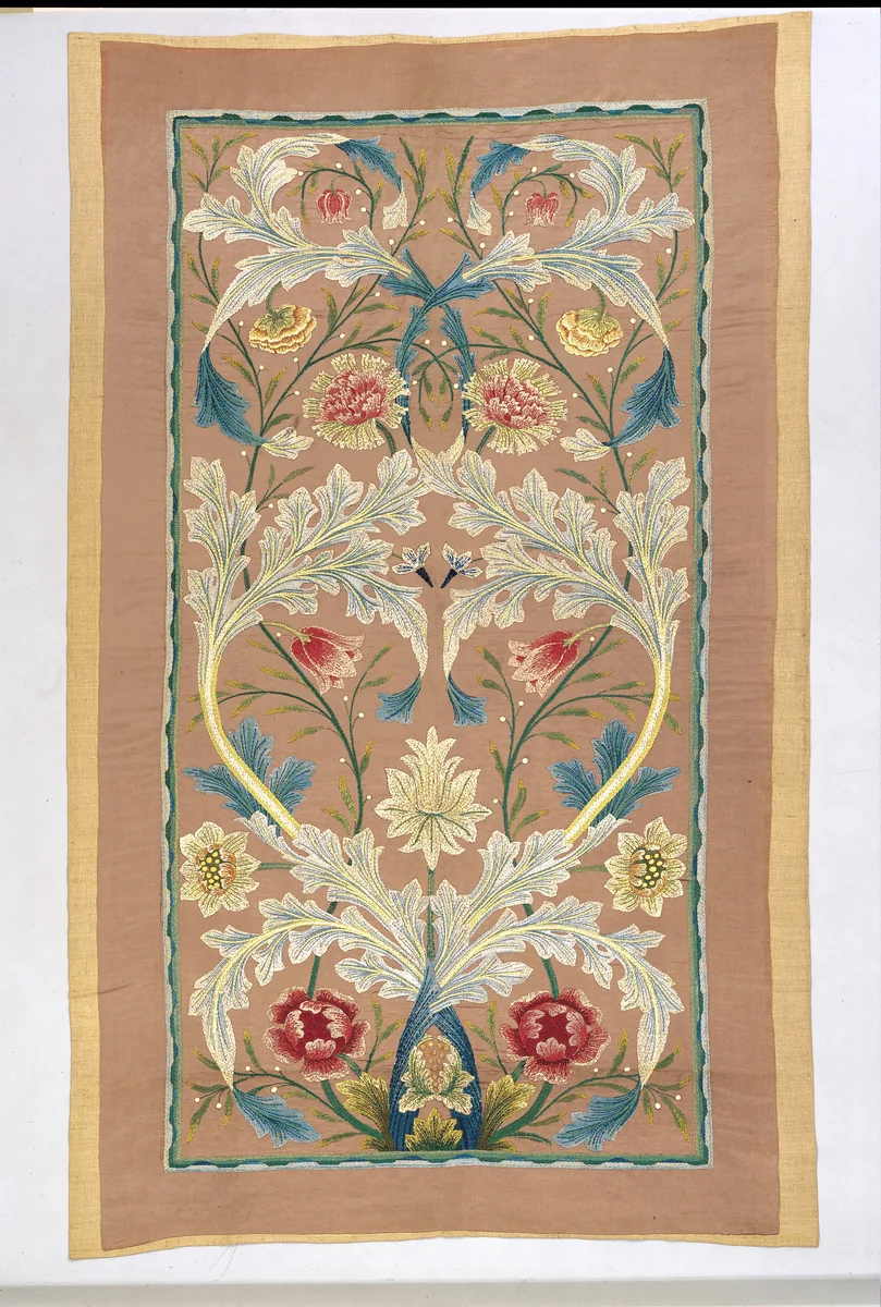 Panel of floral embroidery by William Morris, textile, 1870-1885