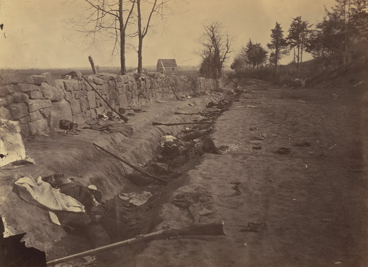 Stone Wall, Rear of Fredericksburg, with Rebel Dead by Andrew Joseph Russell, photograph, 1863